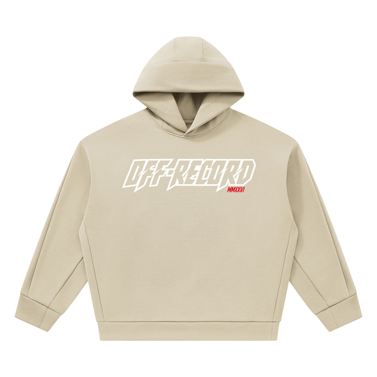 A khaki pullover hoodie with the word 'OFF-RECORD' printed across the chest in bold stylised white letters, with red roman numerals 'MMXXVI' displayed on a solid white background.