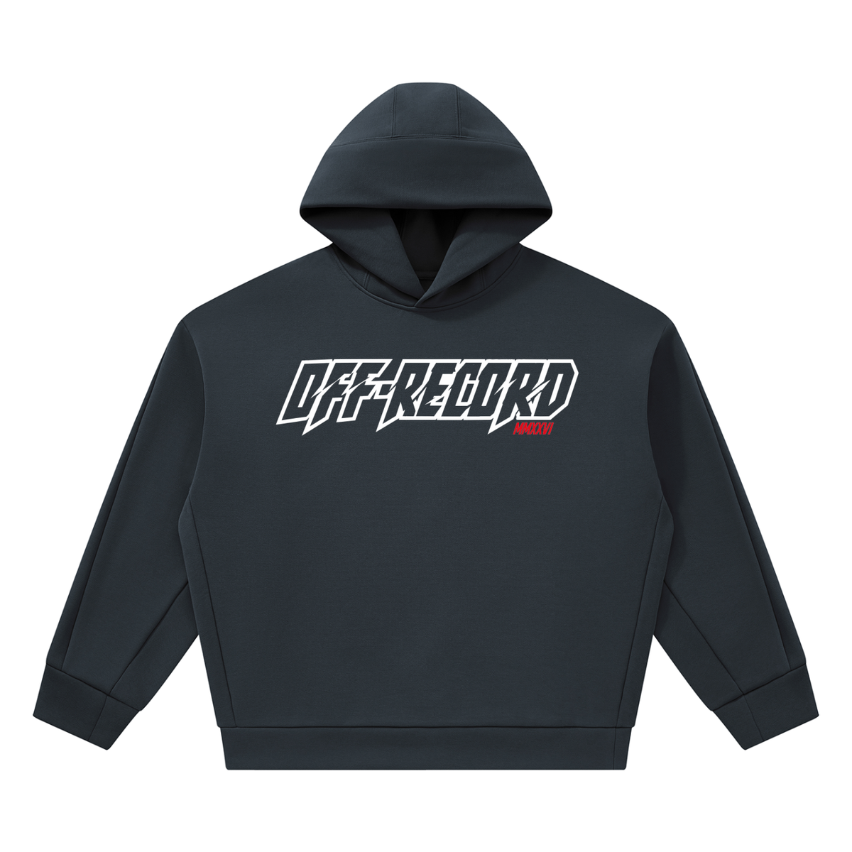 A navy blue pullover hoodie with the word 'OFF-RECORD' printed across the chest in bold stylised white letters, with red roman numerals 'MMXXVI' displayed on a solid white background.