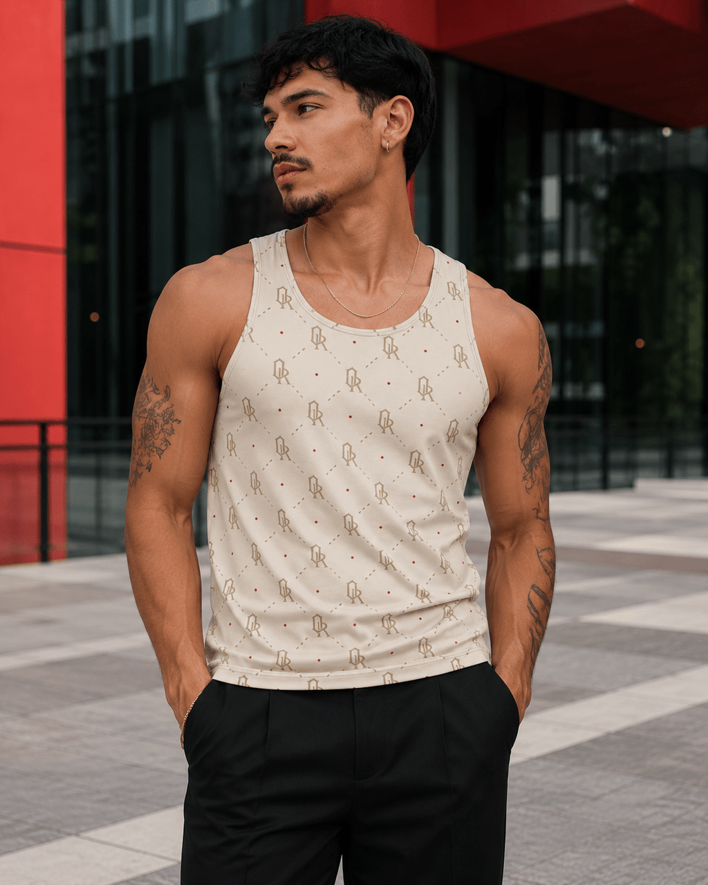 Off-Record All-Over Monogram Print Vest Cream & Red Accent - Off-Record®