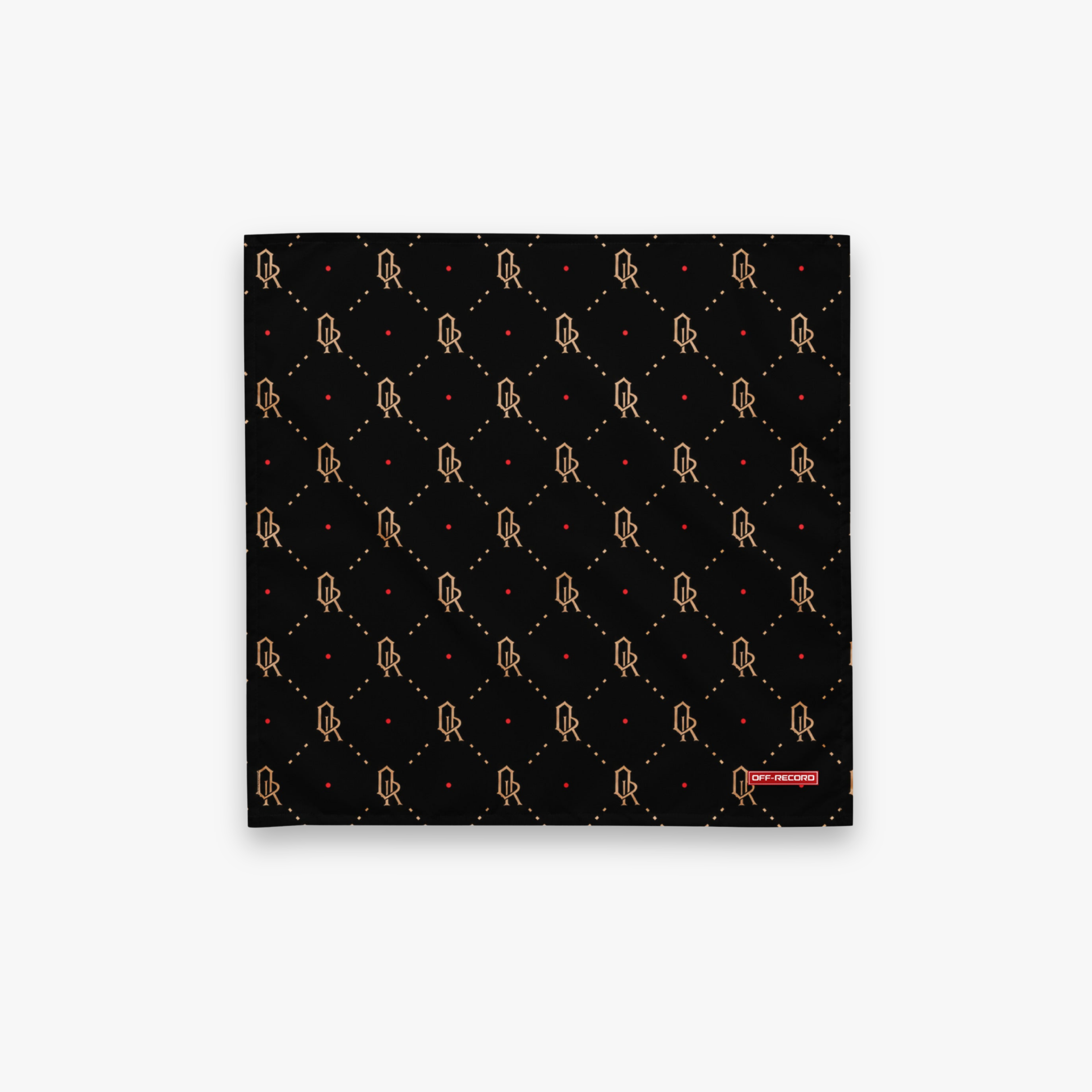 A square black scarf featuring a repeating monogram pattern of interlocking 'OR' initials in gold, connected by dotted lines, with small red dots throughout. A small red tag on the bottom right reads 'OFF-RECORD'.