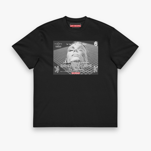 A black short-sleeve t-shirt with a large rectangular graphic print on the front featuring a grayscale face and text, with a red Off-Record box logo visible on the inner neck label.