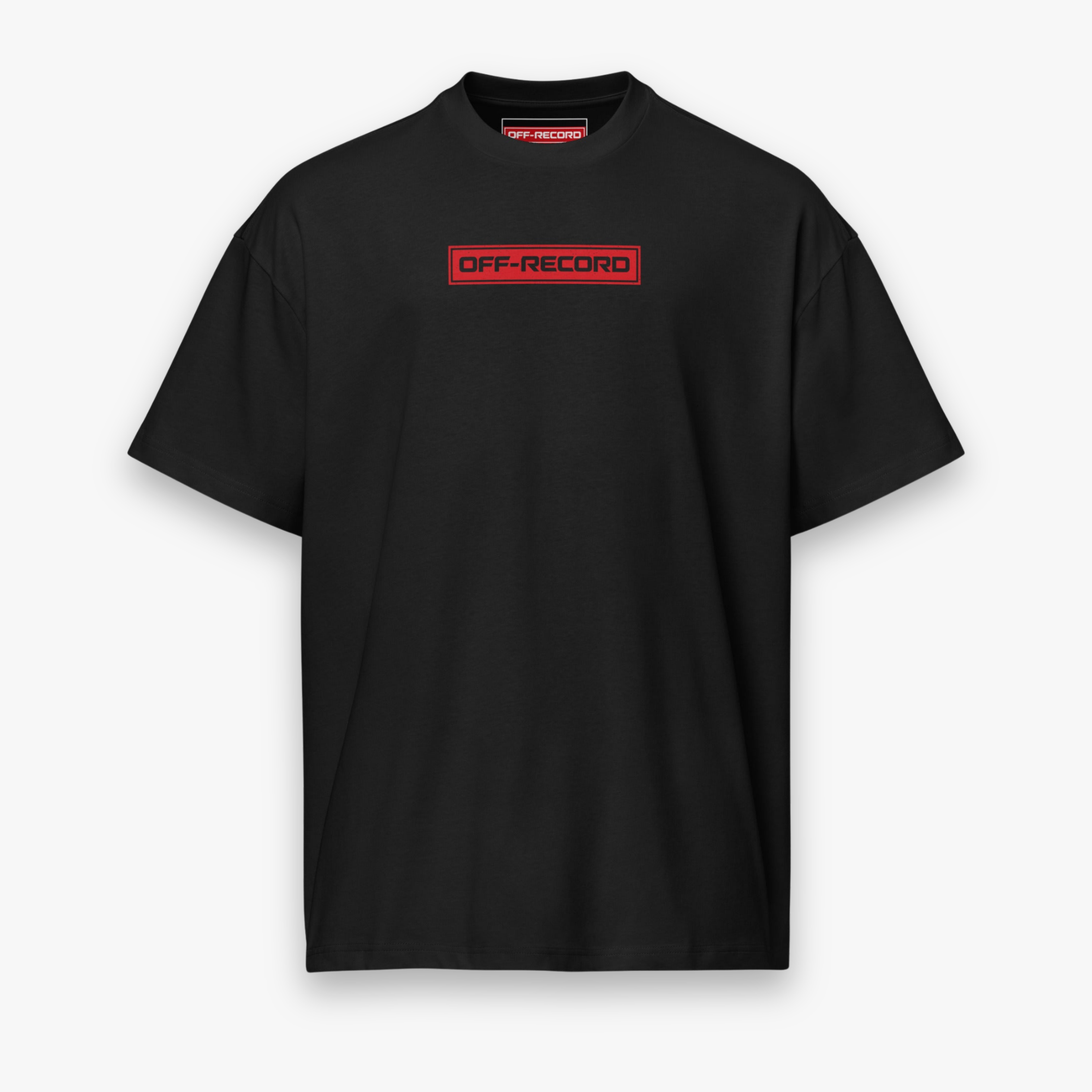 A black short-sleeve t-shirt with a red rectangular chest logo that reads 'OFF-RECORD' in black, displayed on a clean white background.