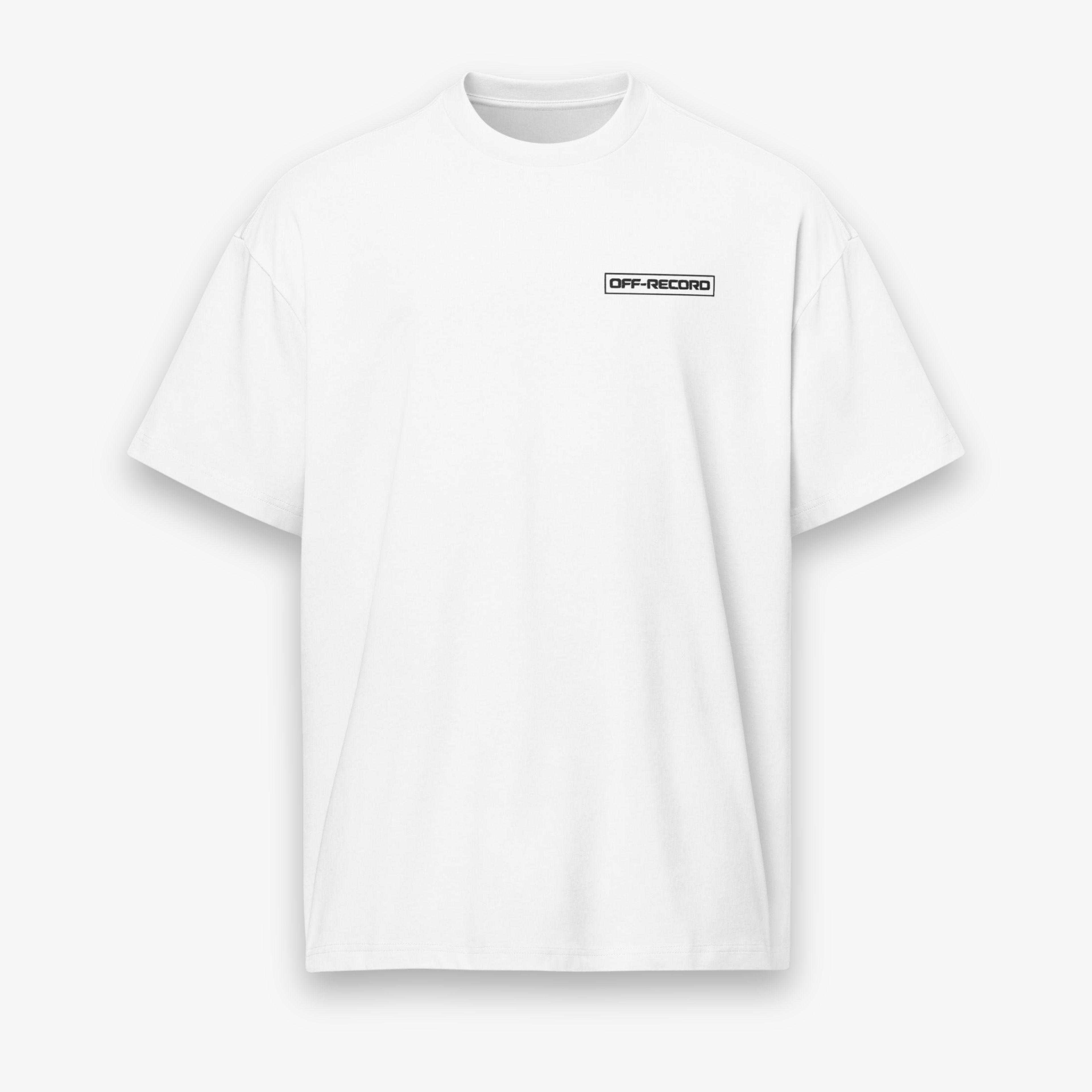 A white short-sleeve crewneck t-shirt with a small black rectangular 'OFF-RECORD' logo printed on the left chest, displayed against a light gray background.