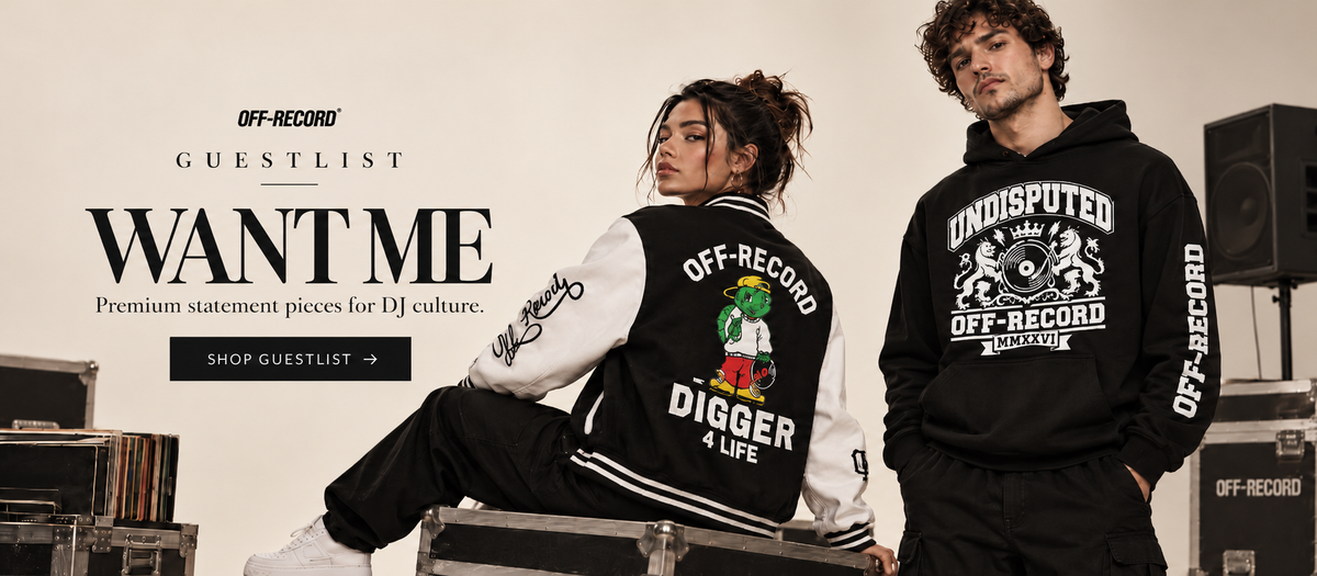 Guestlist. Want Me. Premium statement pieces for DJ culture. A woman in a varsity jacket sits on a flight case beside a man in a black Undisputed hoodie.
