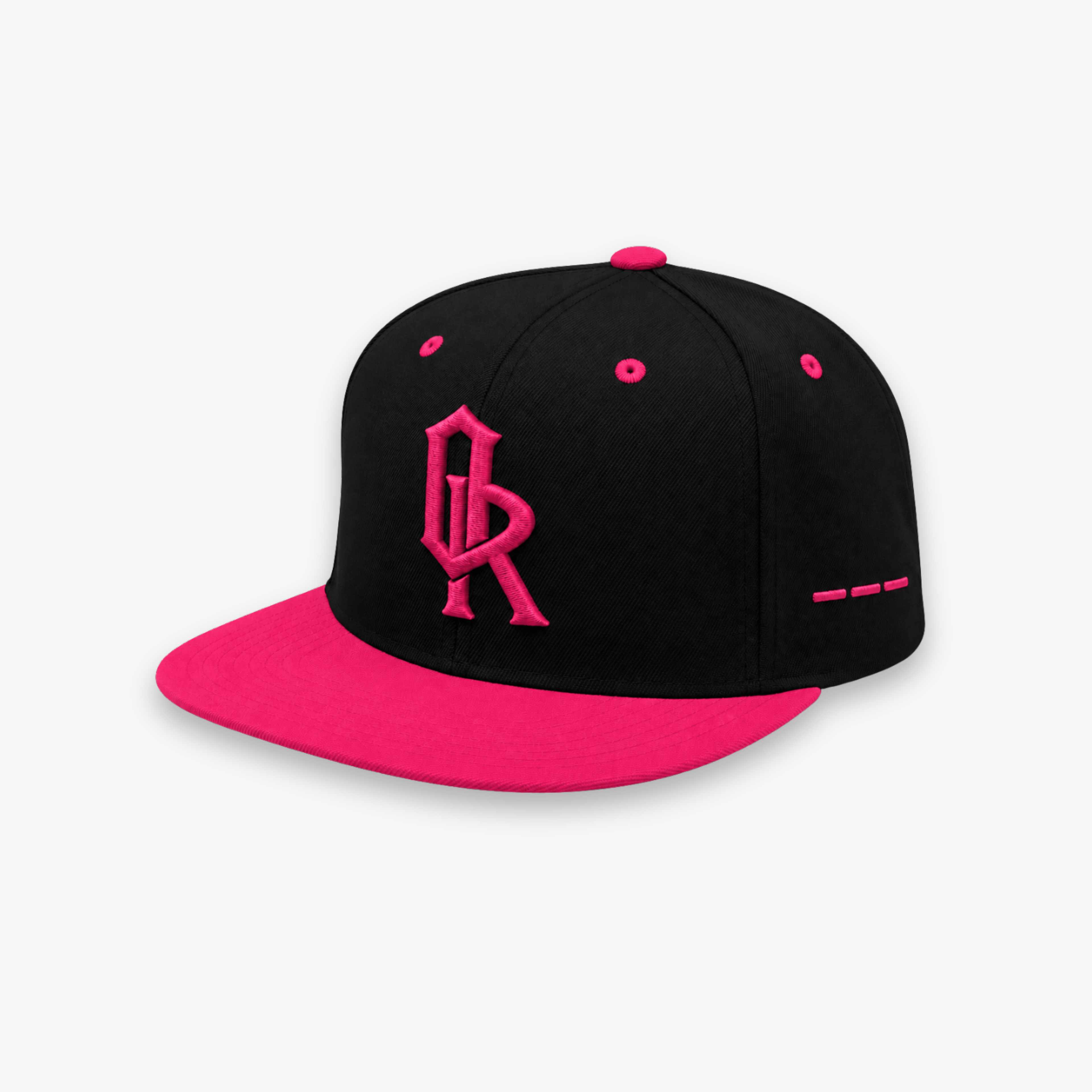 A black flat-brim snapback cap with a vibrant pink brim, pink button, and a pink embroidered monogram logo on the front, set against a light gray background.