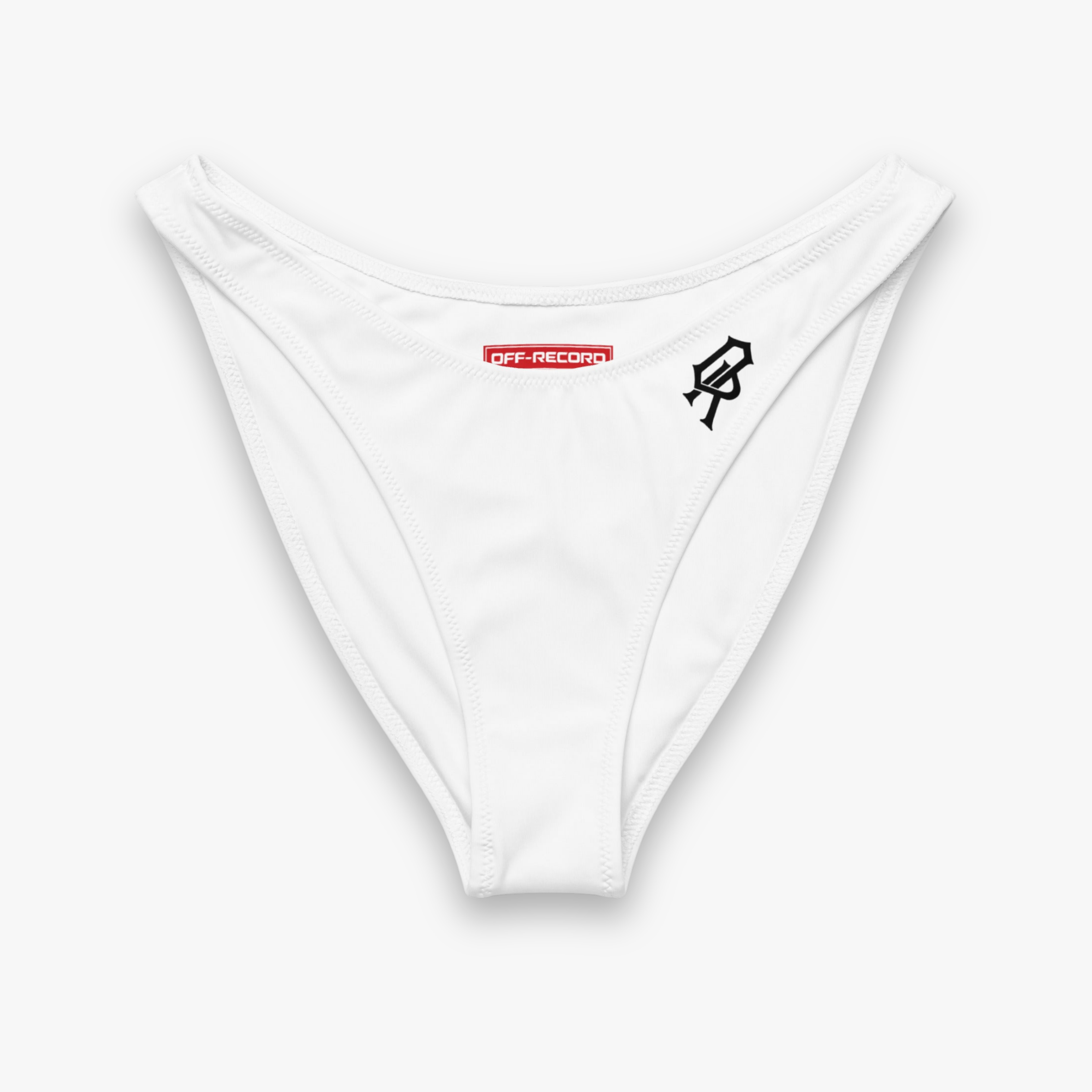 White low-rise bikini bottom with a red rectangular 'OFF-RECORD' label on the front and a black stylized 'BR' logo on the left hip, shown against a light gray background.