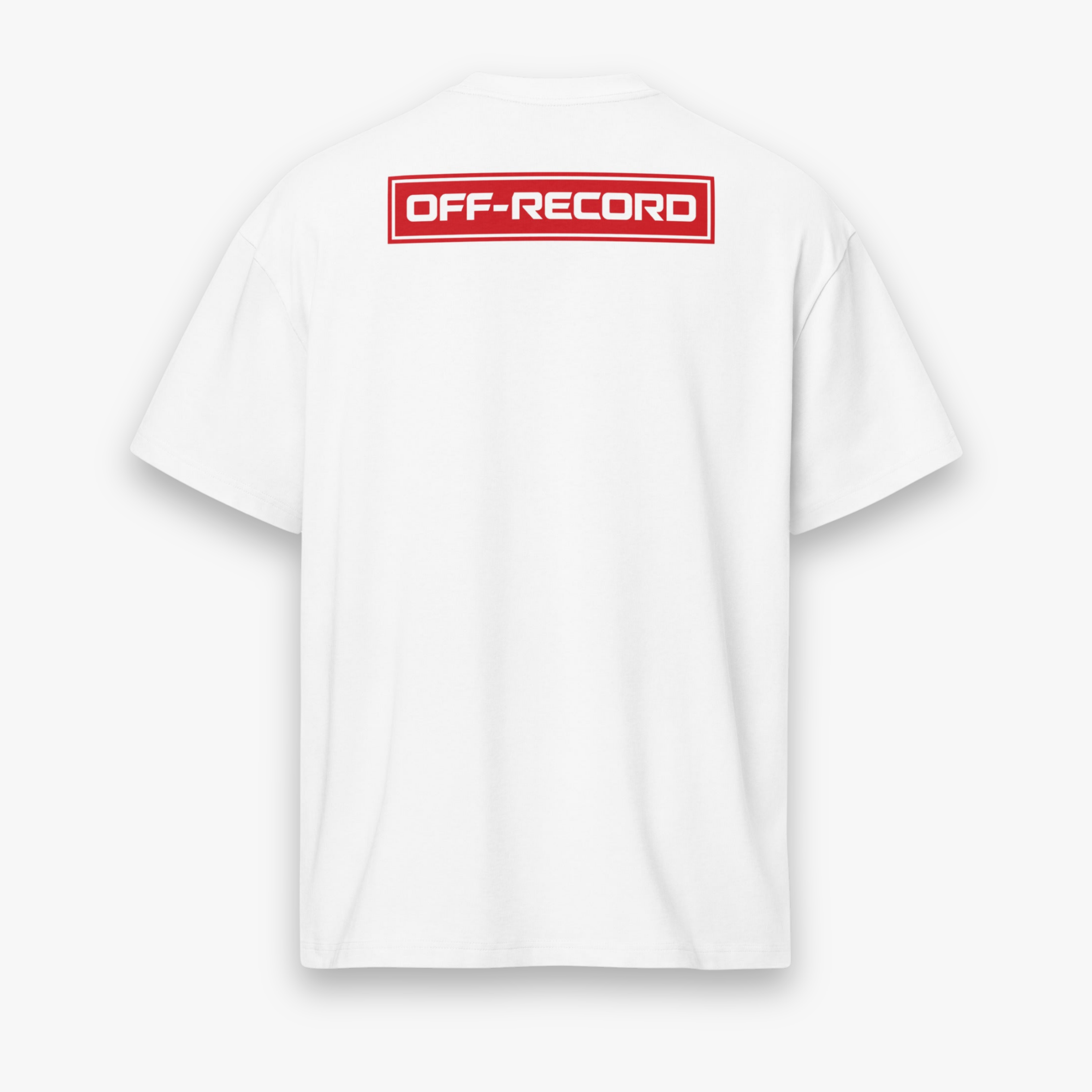 White short-sleeve t-shirt shown from the back, featuring a red rectangular 'OFF-RECORD' logo printed across the upper back.