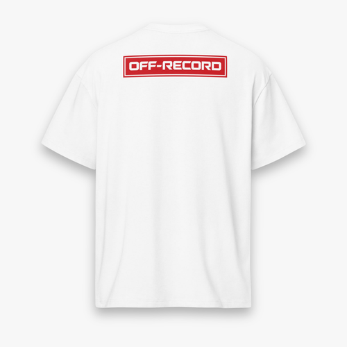 White short-sleeve t-shirt shown from the back, featuring a red rectangular 'OFF-RECORD' logo printed across the upper back.