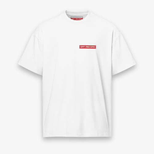 A white short-sleeve crewneck t-shirt featuring a small red rectangular box logo on the left chest with the text 'OFF-RECORD' in white, displayed against a light gray background.