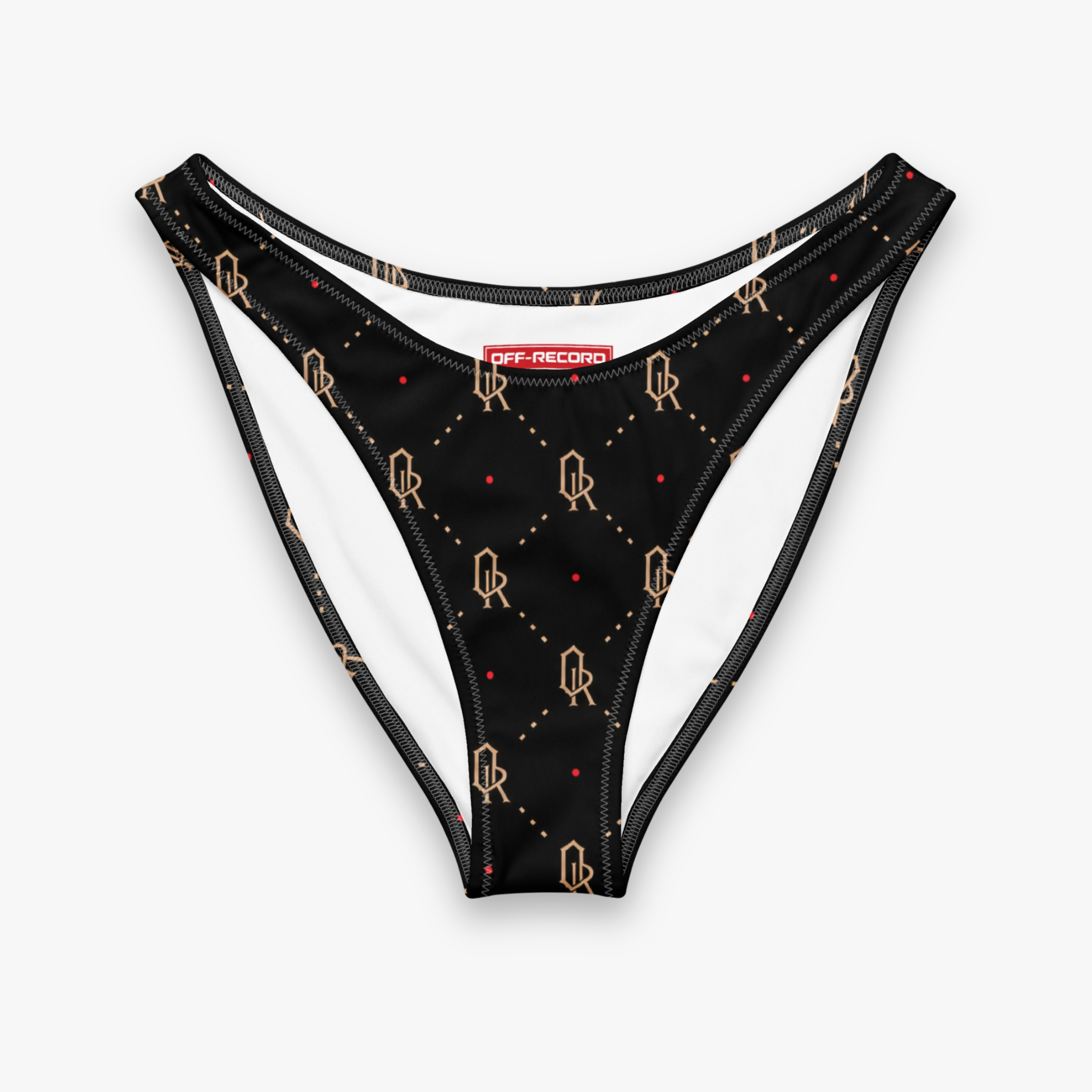 Black low-rise bikini briefs featuring a geometric gold and red pattern, with a white inner lining and a red OFF-RECORD brand label at the waistband.