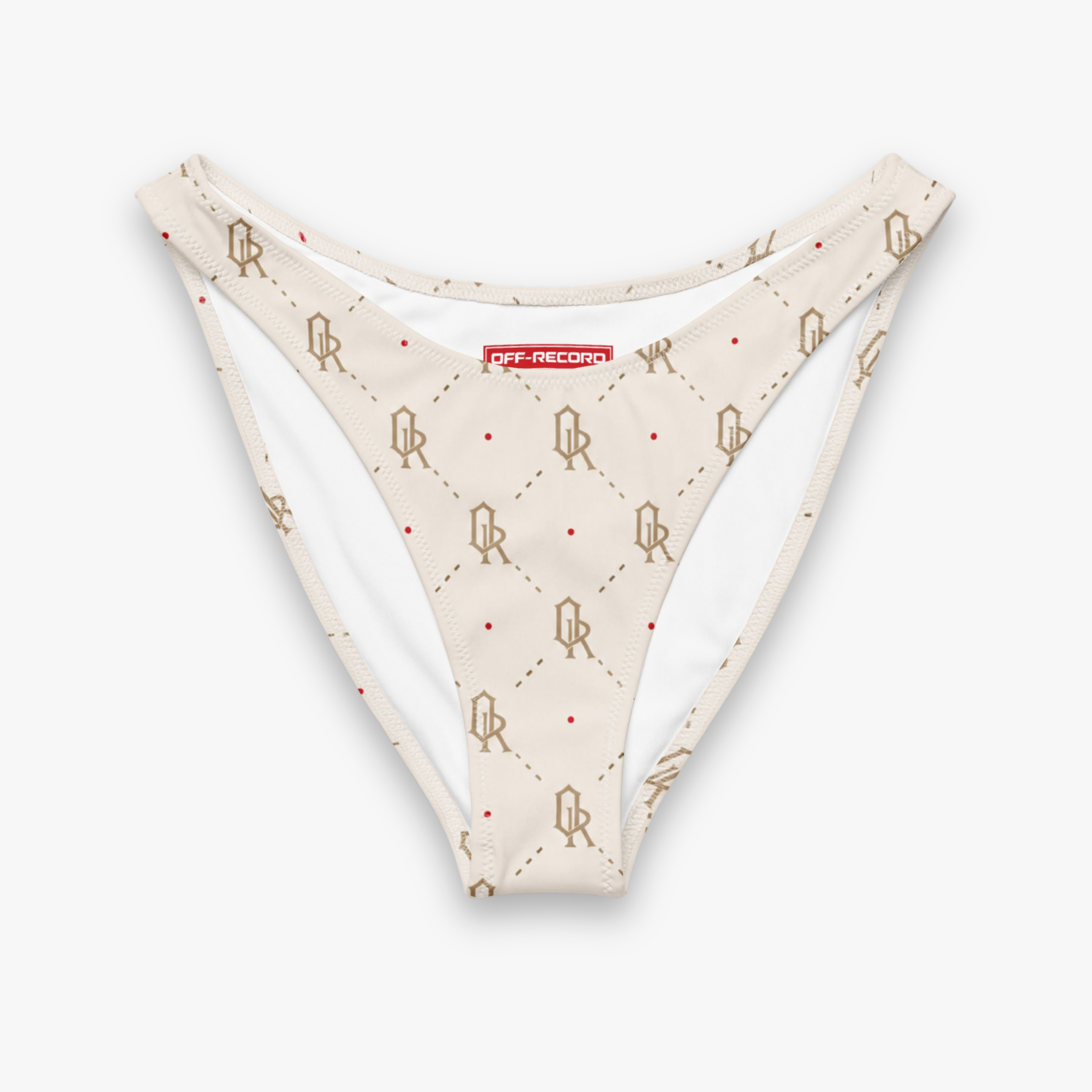 A pair of beige bikini bottoms with a brown geometric monogram pattern and small red dots, featuring a white inner lining and a red 'OFF-RECORD' brand label at the front.
