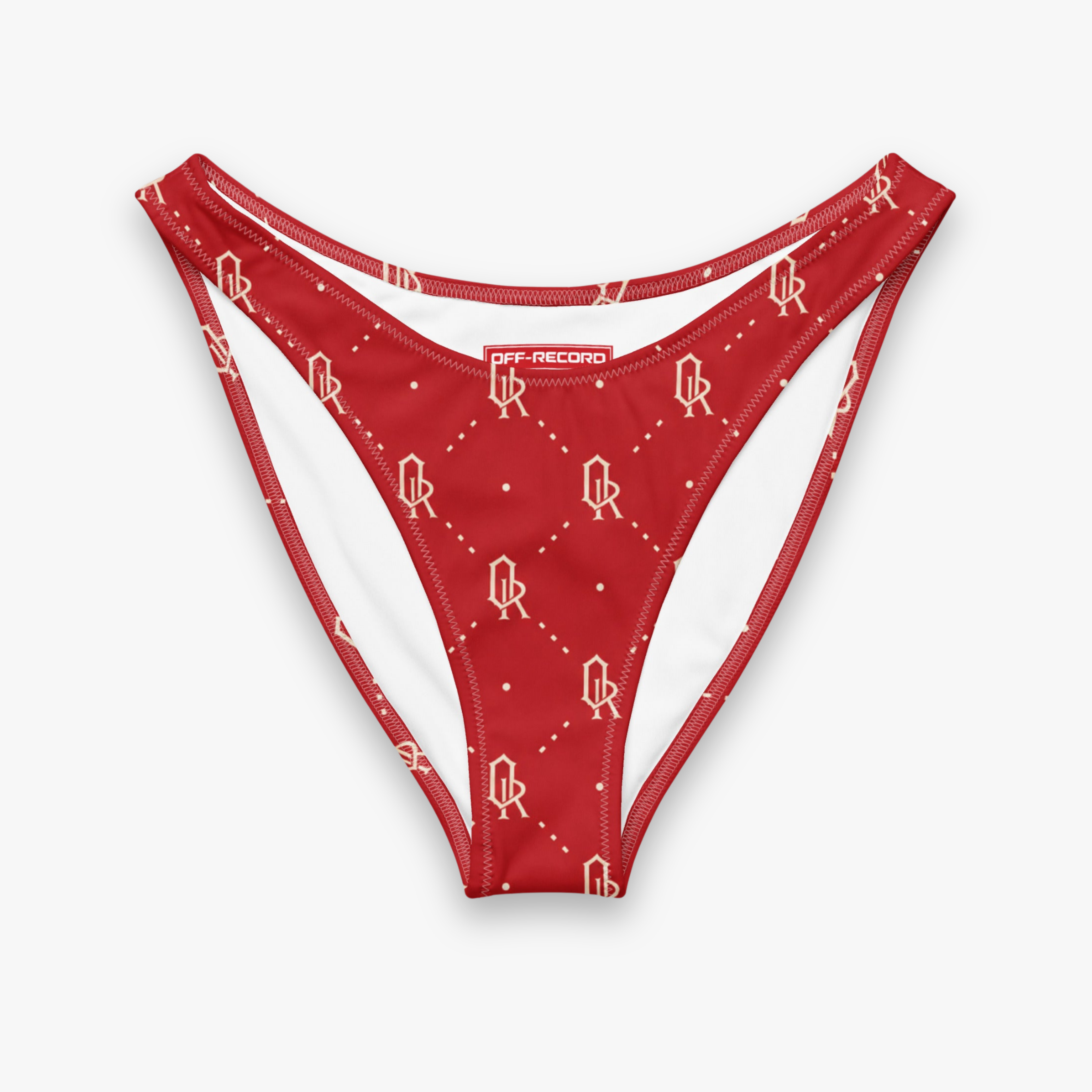 Red and white thong-style underwear with a repeating white monogram pattern, shown flat against a light gray background. The brand name 'OFF-RECORD' is printed on the inner waistband.