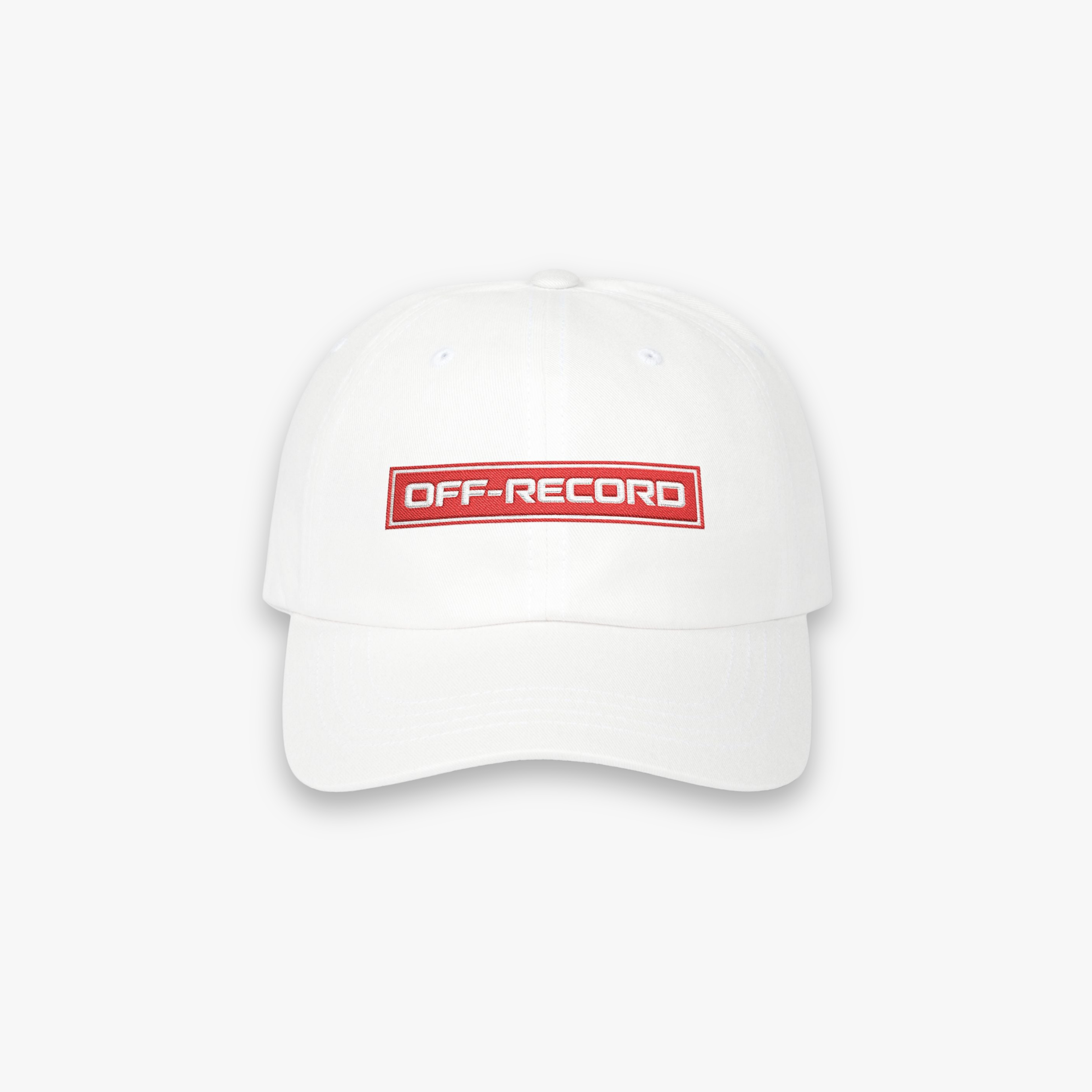 A white baseball cap featuring a red rectangular patch on the front with the text 'OFF-RECORD' in white, set against a clean white background.