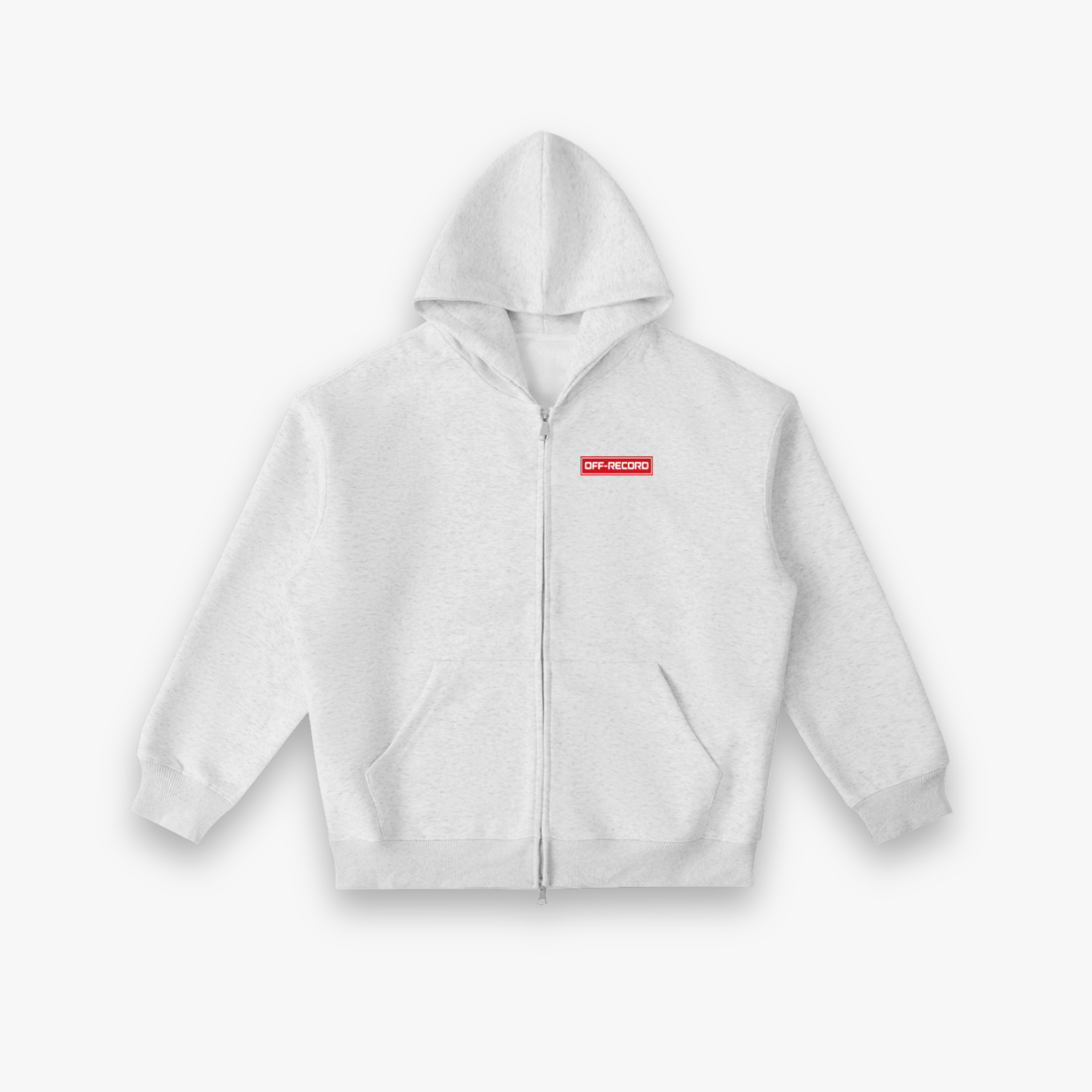 A light gray heather zip-up hoodie with a red rectangular box logo on the left chest, displayed on a clean white background.