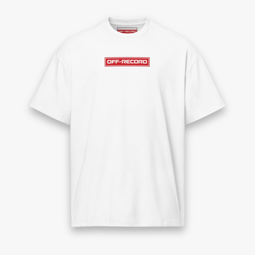 A white short-sleeve crewneck t-shirt featuring a red rectangular chest logo with the text 'OFF-RECORD' in white, displayed on a clean light gray background.