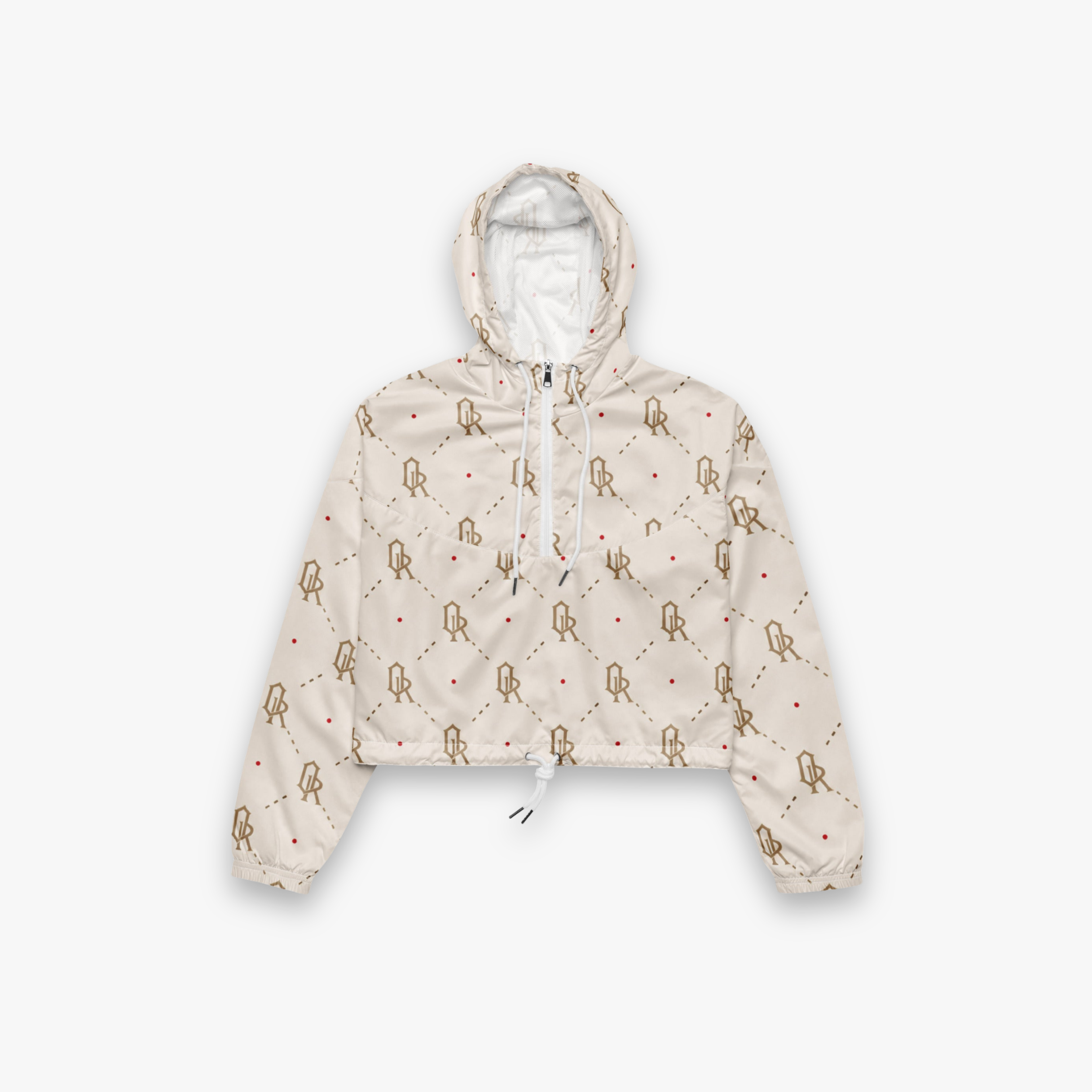 A cropped hooded jacket in a warm off-white/cream color, featuring an allover pattern of brown horse silhouettes, dotted lines, and small red dots. The jacket is displayed flat against a clean, light gray background.