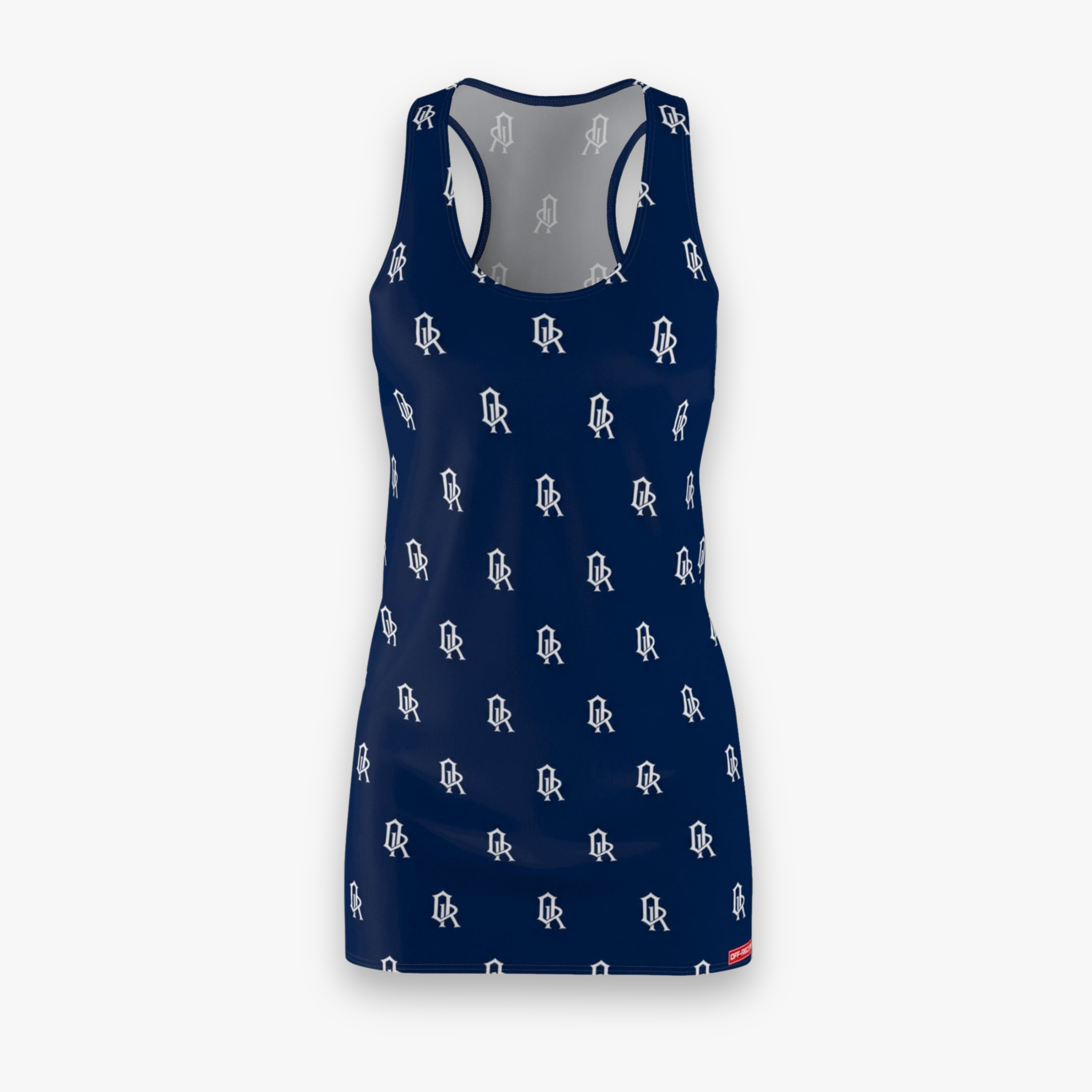 A sleeveless racerback tank top in navy blue with a repeating white Off-Record monogram pattern, shown on a light gray background.