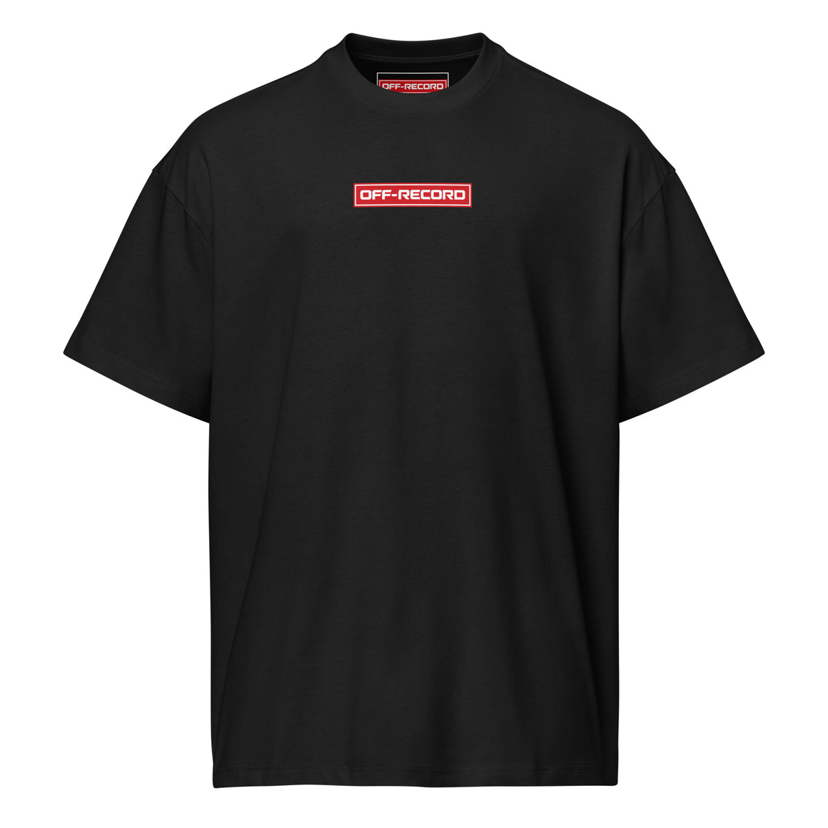 Black t-shirt with 'Off-Record' stamp on chest