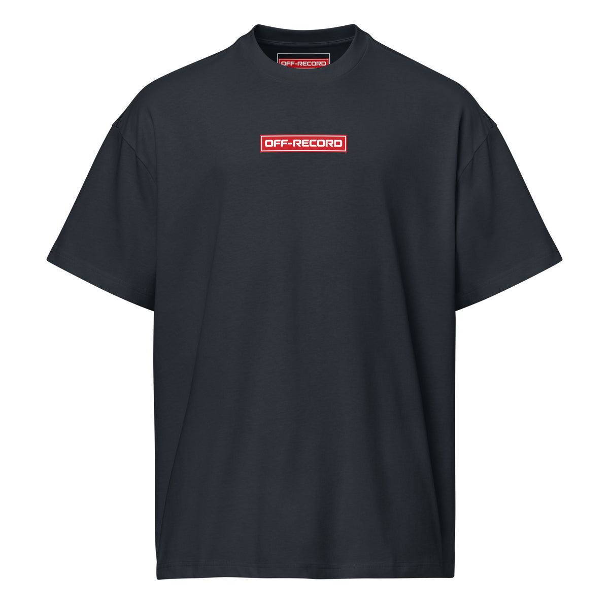 Black t-shirt with 'Off-Record' stamp on chest