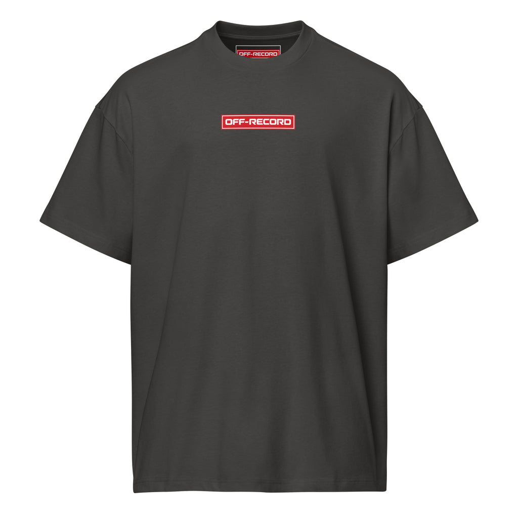 A vintage black crewneck t-shirt with a red rectangular chest logo that reads 'OFF-RECORD' in white text, shown against a plain white background.