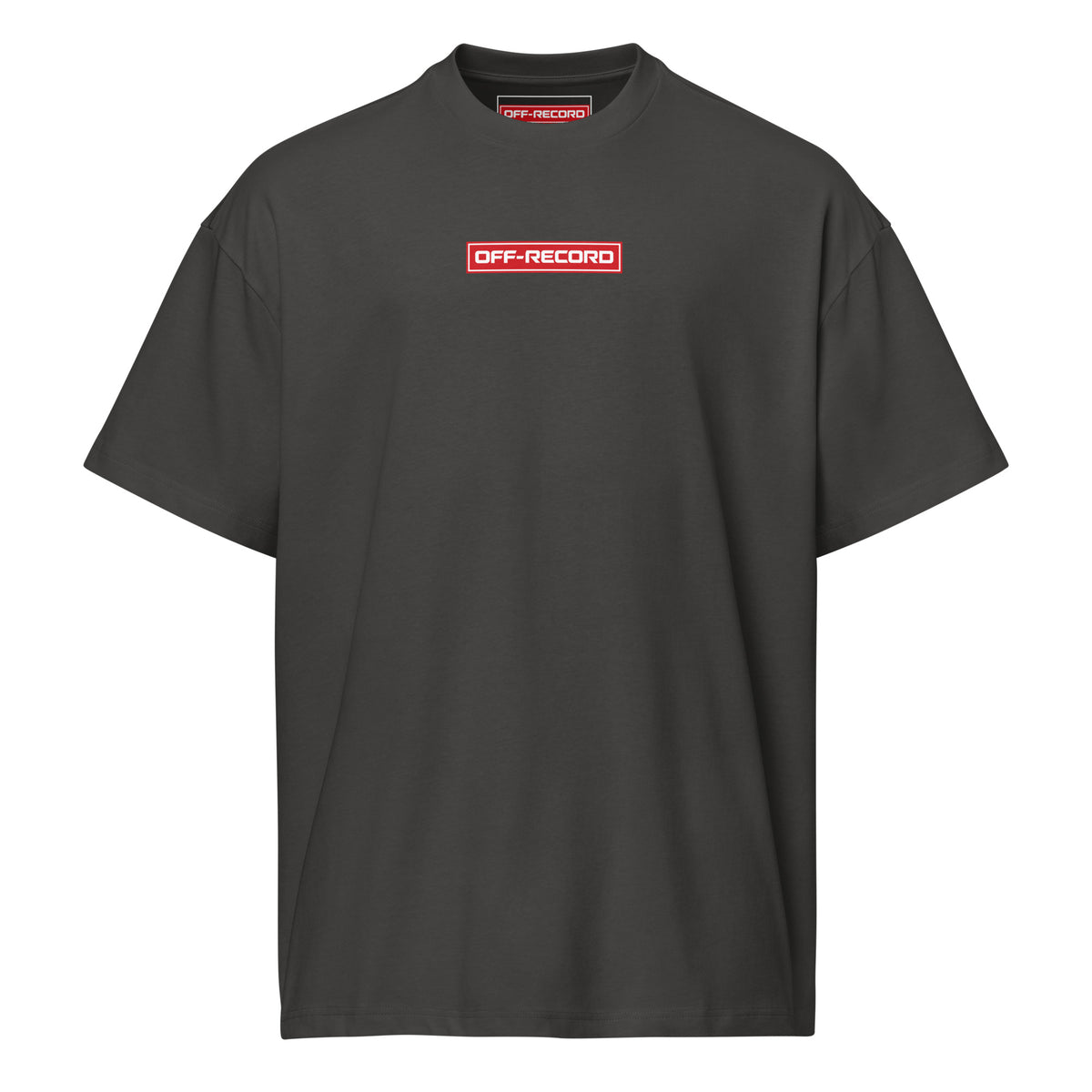 A vintage black crewneck t-shirt with a red rectangular chest logo that reads 'OFF-RECORD' in white text, shown against a plain white background.