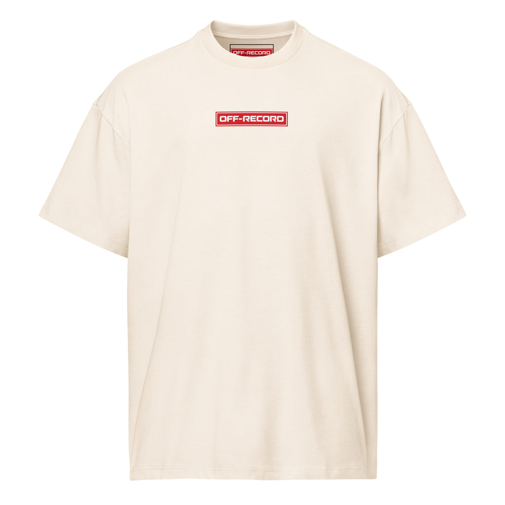 An vintage white short-sleeve crewneck t-shirt with a red rectangular chest logo that reads 'OFF-RECORD' in white text, shown against a plain white background.