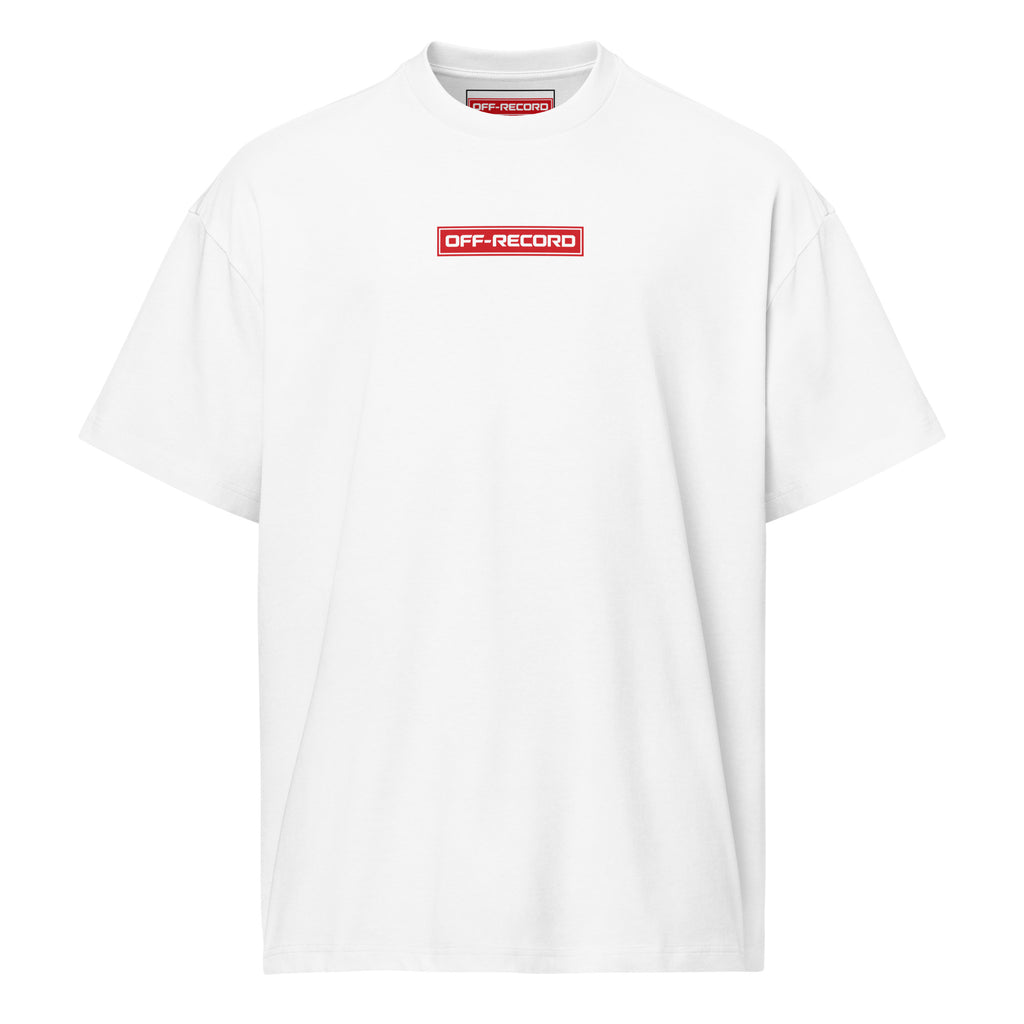 A white short-sleeve crewneck t-shirt featuring a red rectangular chest logo with the text 'OFF-RECORD' in white, displayed on a clean white background.