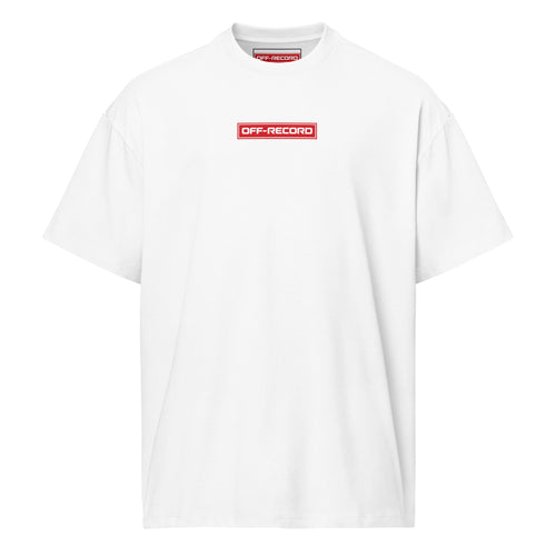 A white short-sleeve crewneck t-shirt featuring a red rectangular chest logo with the text 'OFF-RECORD' in white, displayed on a clean white background.